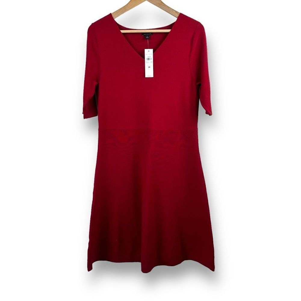 Ann Taylor Red V-Neck Elbow Sleeve Fit and Flare Sweater Dress Medium NWT 472213